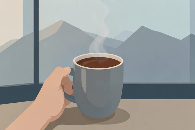 Mão segurando uma xícara de chocolate quente perto de uma janela com vista para montanhas.