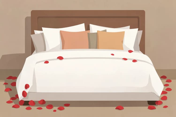 Cama de casal com lençóis brancos e travesseiros decorada com pétalas de rosa.