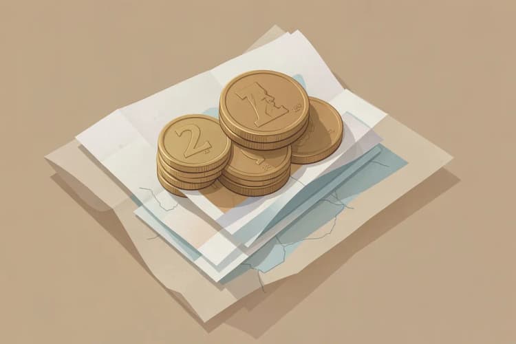 Close-up de moedas e notas de dinheiro empilhadas em cima de um mapa.